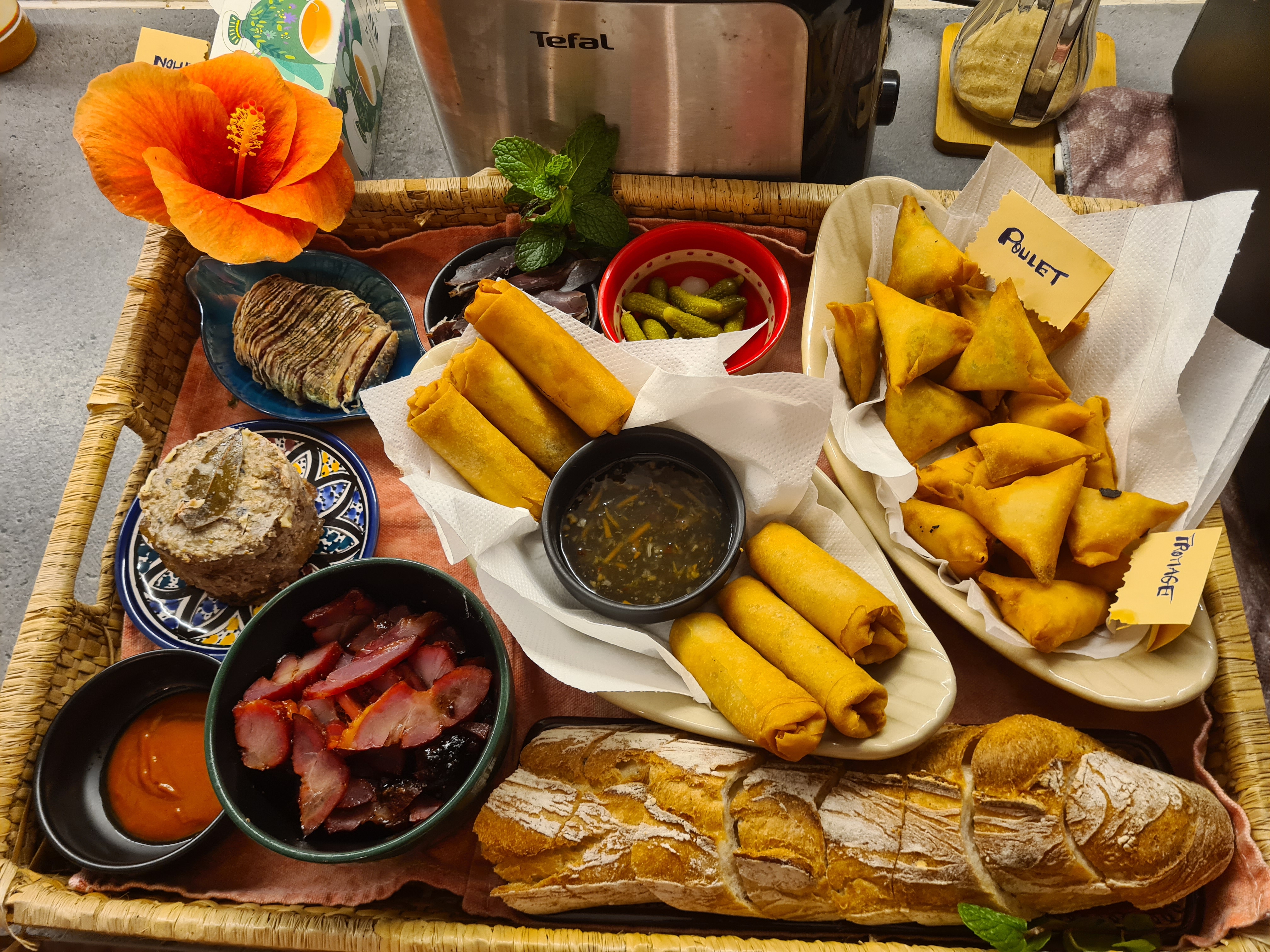 Grand plateau apéritif : nems, samoussas, baguette